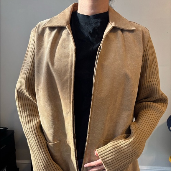 Vintage AMI Preppy Suede Leather Tan Zip Up Jacket Cotton sleeves Large - XL - Picture 3 of 12